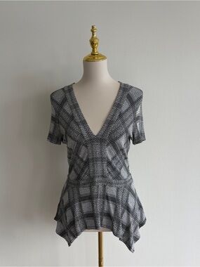 BCBGMAXAZRIA Black & White Plaid Peplum Top